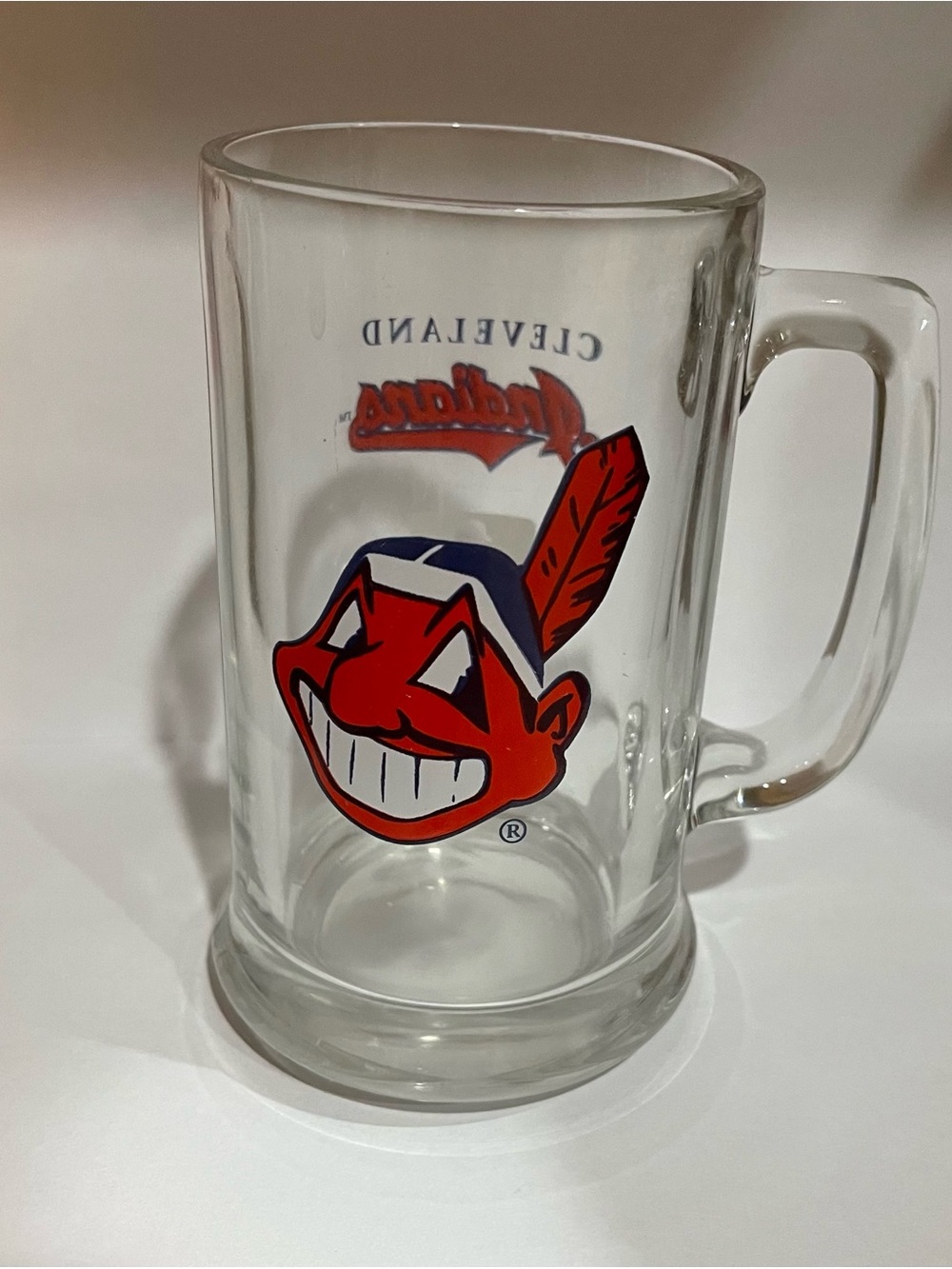 Vintage Cleveland Indians Glass Beer Mug Stein - Chief Wahoo Logo - Official MLB
